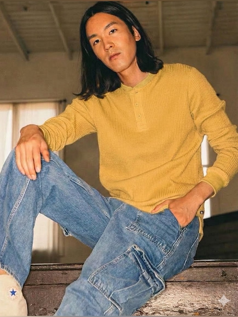 Men’s Junk Food Clothing Rider Thermal Henley in Color Spruce Yellow Size XXL - Picture 3 of 4
